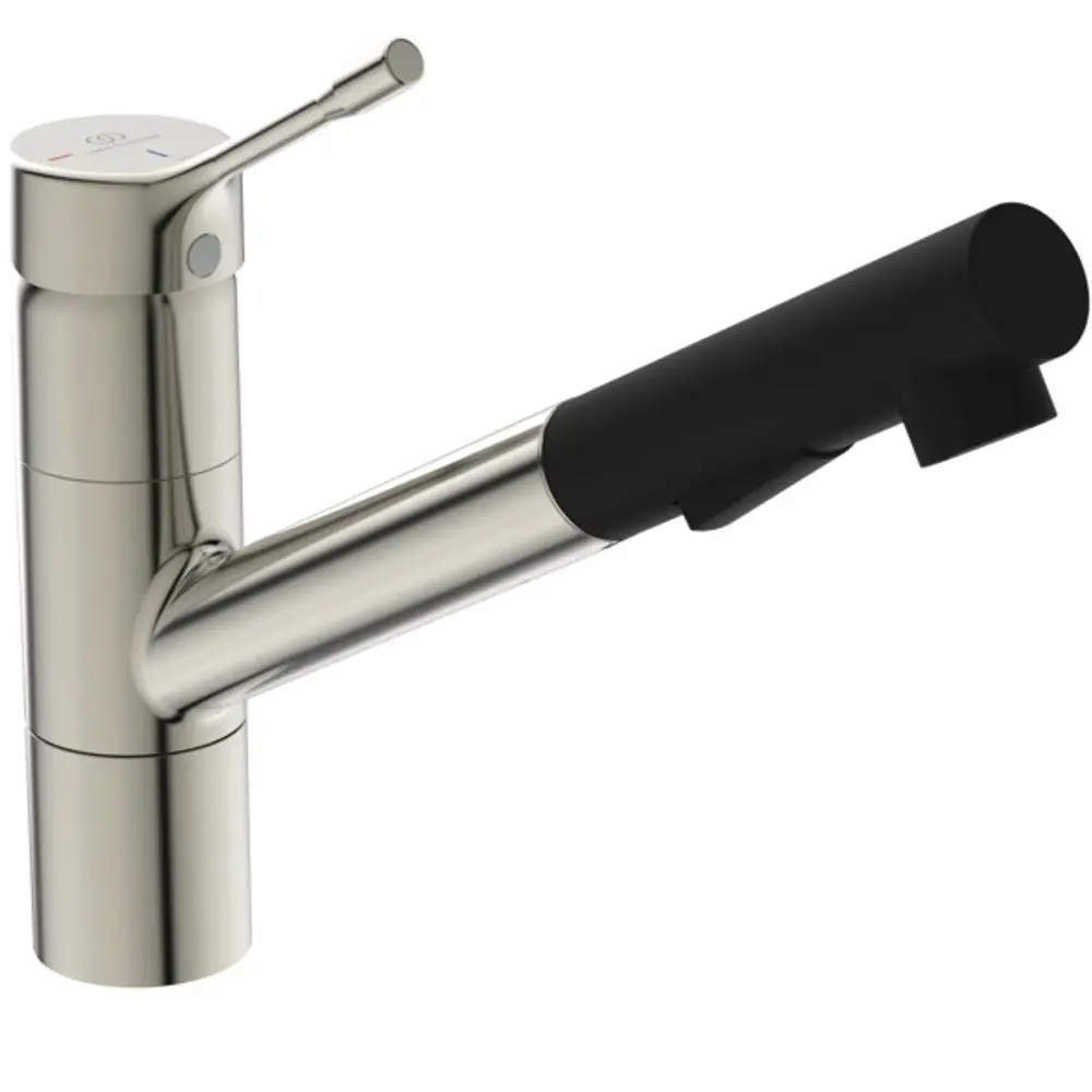 Küchenarmatur aus Edelstahl mit schwarzem Auslauf und einem Hebel von Ideal Standard, geeignet für moderne Küchen.